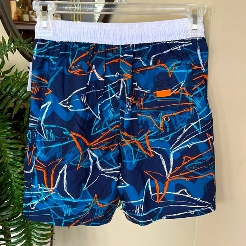 Brand New Oshkosh Swim Shorts Navy Blue Orange Graphic Shark Print Swim Trunks
